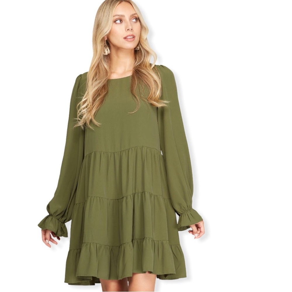 She + Sky Olive Long Sleeve Tiered Dress